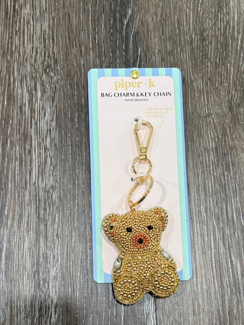 piper•k Gold Hand Beaded Teddy Bag Charm Key Chain
